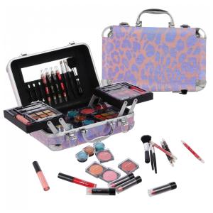 Kit Completo de Maquiagem Hot Sugar Leopardo Rosa para Iniciantes 27 Sombras 4 Blushes 4 Batons Estojo com Espelho