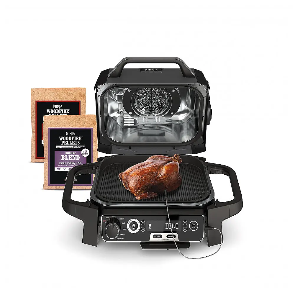 Grill Externo a Pellets Ninja Woodfire Pro OG751 7-em-1 com Termômetro Embutido Aço Inox Cinza