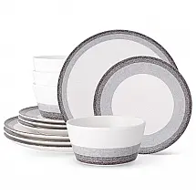 Aparelho de Jantar para Todas as Ocasiões com 12 Peças, Formato Redondo e Material de Porcelana, Noritake G038-12E, Cinza e Branco