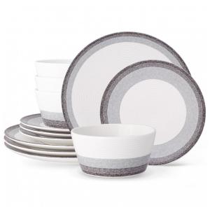 Aparelho de Jantar para Todas as Ocasiões com 12 Peças, Formato Redondo e Material de Porcelana, Noritake G038-12E, Cinza e Branco