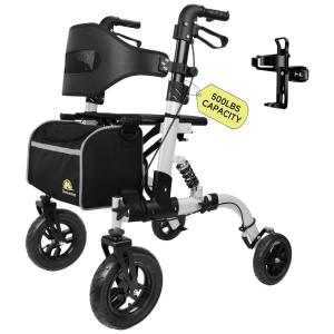 Andador Dobrável para Idosos com Assento e Rodas de Borracha, Suporta 226 kg, SilveLemon, Prata
