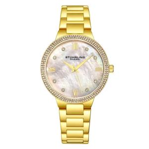 Relgio Stuhrling Carrara 3907 38mm com mostrador prateado e pulseira dourada em ao inoxidvel.