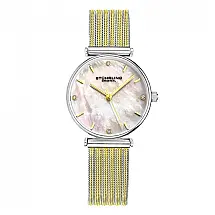 Relgio Stuhrling Cambria 3927, 32mm, mostrador prateado, pulseira em ao inox dourado e fivela dobrvel em prata - Clssico e elegante.