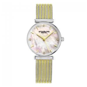 Relgio Stuhrling Cambria 3927, 32mm, mostrador prateado, pulseira em ao inox dourado e fivela dobrvel em prata - Clssico e elegante.