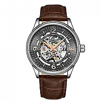 Relógio Automático Stuhrling Dinamarca 42mm, Mostrador Cinza, Pulseira Couro Marrom e Fivela Prata