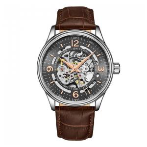 Relógio Automático Stuhrling Dinamarca 42mm, Mostrador Cinza, Pulseira Couro Marrom e Fivela Prata