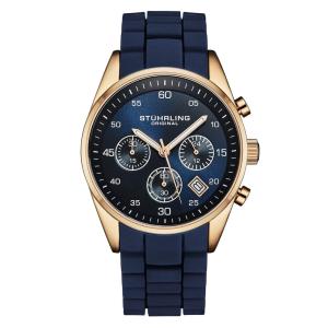 Relógio Chronograph 42mm com Mostrador Azul, Caixa em Ouro Rosa e Pulseira de Silicone Azul, Stuhrling.