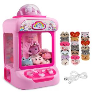Máquina de Garra Unicornio TingingYuli Rosa Mini Arcade Eletrônica com 20 Pelúcias e Dispensador de Doces para Crianças