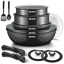 Jogo de Panelas e Frigideiras Antiaderentes, Material em Alumínio com 13 Peças, Cabo Removível e Utensílios de Cozinha, BEZIA, Preto