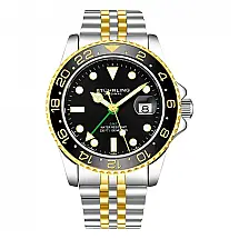 Relógio Stuhrling Meridian GMT 42mm Masculino, Mostrador Preto, Pulseira Aço Inoxidável Dourada