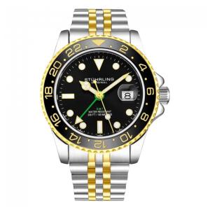 Relógio Stuhrling Meridian GMT 42mm Masculino, Mostrador Preto, Pulseira Aço Inoxidável Dourada