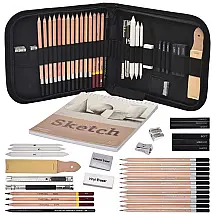 Kit Lápis de Cor Profissional Sketching com Estojo 33 peças Tintas Acrílicas, Aquarela, TYPECHO 44main, Preto