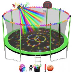 Mcltopz 1500LBS 10FT 12FT 14FT 16FT Trampolim com gabinete de cesta de basquete, luzes, sprinkler, alto falante, trampolim externo para