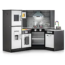 Cozinha Infantil em Madeira com Sons Realistas, Luz e Vapor para Crianças Acima de 3 Anos, Costzon, Marrom Escuro