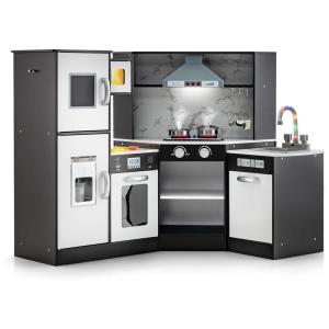 Cozinha Infantil em Madeira com Sons Realistas, Luz e Vapor para Crianças Acima de 3 Anos, Costzon, Marrom Escuro