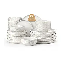 Aparelho de Jantar Lareina 24 Peças Grés Branco Vintage Serviço para 8 Estilo Farmhouse