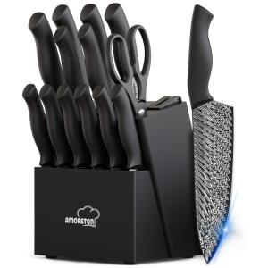 Conjunto de Facas em Aço Inoxidável com Bloco de Bancada e Afiador Embutido, 15 Peças, Amorston, Preto