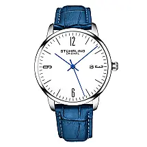 Relgio Stuhrling Classic 3997A de 40mm, mostrador branco, pulseira de couro azul e acabamento prata.