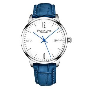 Relgio Stuhrling Classic 3997A de 40mm, mostrador branco, pulseira de couro azul e acabamento prata.