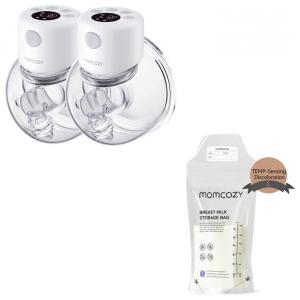Sacos de zenamento de leite materno com sensor de temperatura 120 peças e bomba de mama dupla S12 usável, MOMCOZY, Branco