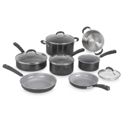 Jogo de Panelas com Interior Antiaderente Revestido de Cerâmica e Reforçado com Titânio, com 11 Peças, Cabo em Silicone e Tampas de Vidro