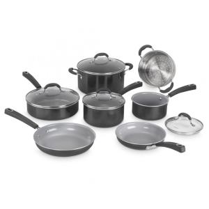 Jogo de Panelas com Interior Antiaderente Revestido de Cerâmica e Reforçado com Titânio, com 11 Peças, Cabo em Silicone e Tampas de Vidro