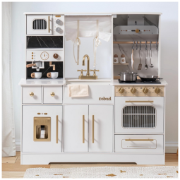 Mini Cozinha Educativa de Madeira ROBUD para Crianças, com Máquina de Gelo, Cafeteira, Forno e Micro-ondas - Conjunto Completo de Utensílios