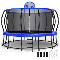 Trampolim redondo Zupapa 4.27m azul com dupla estrutura de quadro, rede sem vão, postes curvos e cestas de basquete em duas alturas