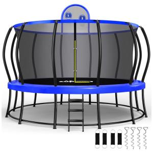 Trampolim redondo Zupapa 4,27m azul com dupla estrutura de quadro, rede sem vão, postes curvos e cestas de basquete em duas alturas