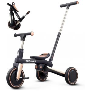 Triciclo Infantil com Alça de Empurrar, Pedais Removíveis e Assento Ajustável para Crianças de 1 a 3 Anos, BUBAVAN, Preto e Dourado