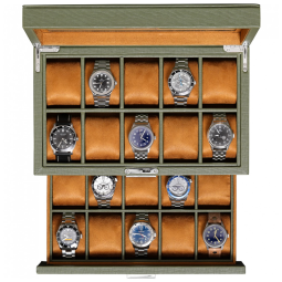 Caixa, Estojo de Couro e Tampo de Vidro para Relógios com 20 Compartimentos, ROTHWELL, Verde e Marrom