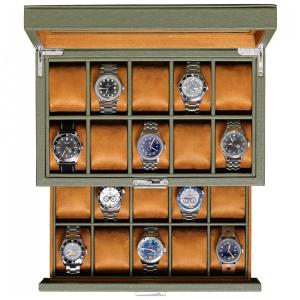 Caixa, Estojo de Couro e Tampo de Vidro para Relógios com 20 Compartimentos, ROTHWELL, Verde e Marrom