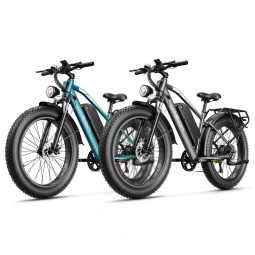 Kit com 2 bicicletas elétricas Jasion EB5 MAX cinza e azul, pneus 26x4, motor até 2000W, bateria 48V 15Ah, 7 marchas, suspensão dianteira