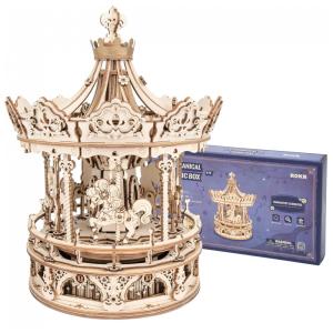 Quebra Cabeças 3D em Madeira para Adultos, Tema Caixa de Música Carrossel Infantil com 336 Peças, ROKR AMK62