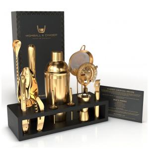 Kit Coqueteleira Profissional com 11 Peças em Aço Inoxidável com Suporte de Bambu e Livro de Receitas, HIGHBALL CHASER, Dourado