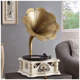 Gramofone Toca Discos Retrô com Entrada USB, AUX, Rádio FM e Bluetooth, Artisam, Branco