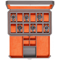 Caixa, Estojo de Couro e Visor de Vidro para Relógios com 12 Compartimentos, ROTHWELL, Cinza e Laranja