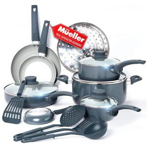 Jogo de Panelas e Frigideiras com Revestimento Antiaderente, Vaporizador de Aço Inoxidável, Tampas de Vidro, 16 Peças, Mueller, Cinza Claro
