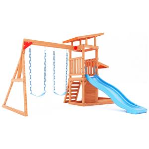 Conjunto de Balanço Infantil﻿ 6 em 1 Dolphin Playground T Madeira Natural Multicolorido com Escorregador Onda, Parede de Escalada