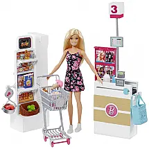 Super da Barbie com 25 Acessórios Temáticos de Mercearia, Incluindo Comida, Prateleiras de Balcão