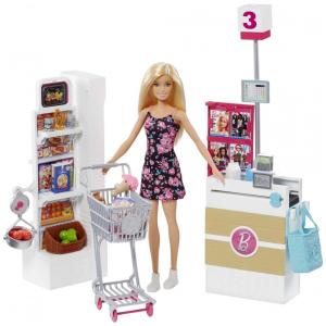 Super da Barbie com 25 Acessórios Temáticos de Mercearia, Incluindo Comida, Prateleiras de Balcão