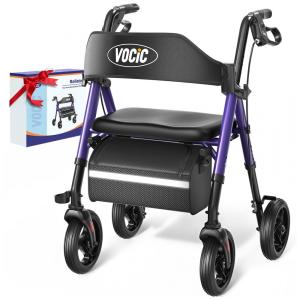 Andador Dobrável para Idoso, com Assento, Rodas Grandes para Todos os Terrenos, Altura Ajustável e Suporta até 136 kg, VOCIC, Roxo