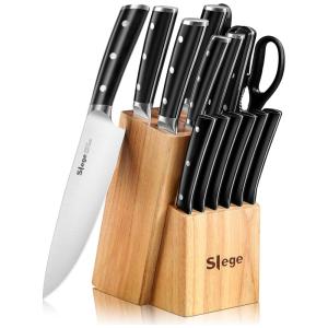 Conjunto de Facas em Aço Inoxidável com Bloco de Bancada e Afiador Embutido, 16 Peças, Slege, Preto