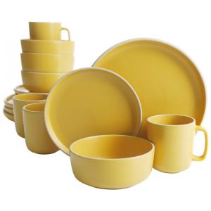 Aparelho de Jantar com 16 Peças em Cerâmica Faiança Incluindo Pratos, Xícaras e Bowls, Gibson Home Zuma, Amarelo