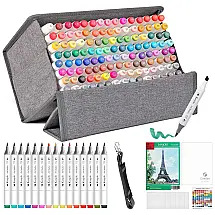 Conjunto de Canetas Artisticas 120 Cores de Ponta Dupla com Estojo de Transporte para Artista e Estudantes, SANJOKI