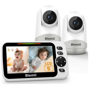 Babá Eletrônica Monitor de Bebê com Bateria de 30 horas e 2 Câmeras de Vídeo de Tela Dividida, Blemil BL9052-2, Branca