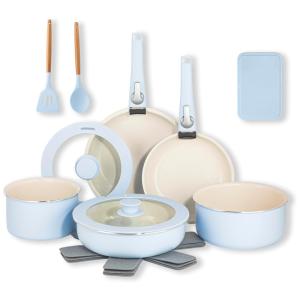 Jogo de Panelas e Frigideiras Antiaderentes, 18 Peças com Cabo Removível e Utensílios de Cozinha Incluso, GOTHAM STEEL, Cinza