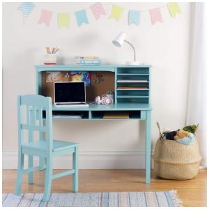 Conjunto Mesa e Cadeira Infantil Guidecraft Madeira Cor Verde Azul com Prateleira, Quadro de Cortiça e Organização, Modelo Media Desk