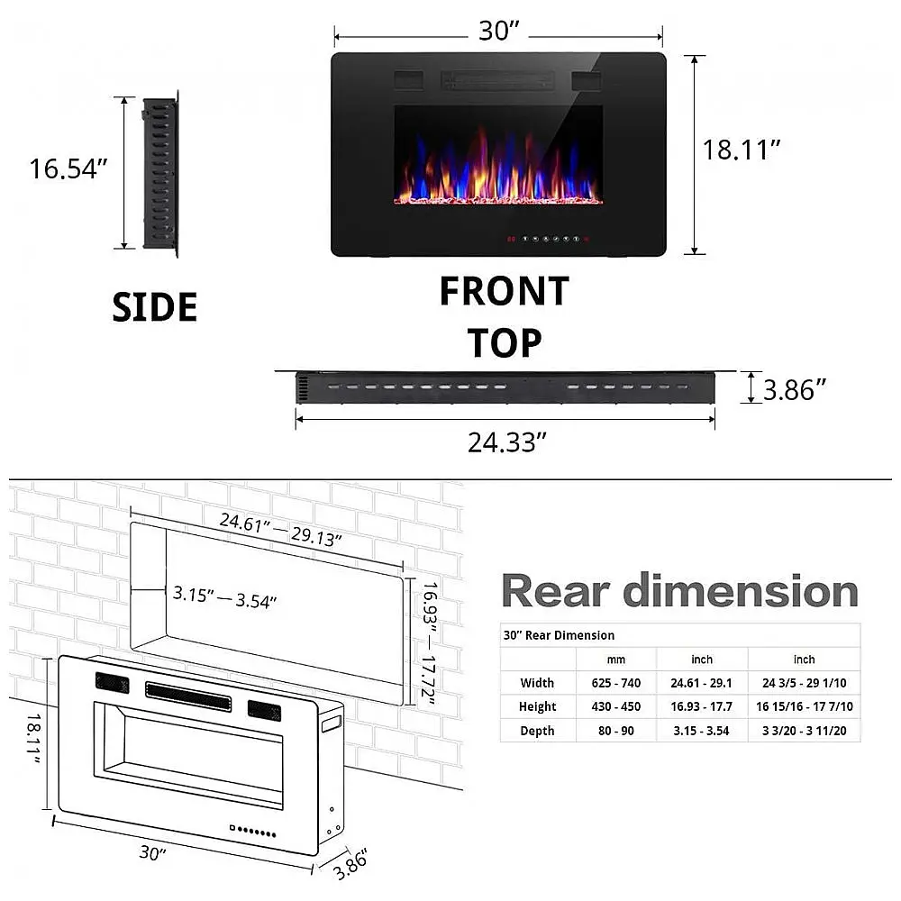 Lareira Elétrica de Embutir A45x76L com Controle Remoto e Digital, Luz LED, Chama Ajustável e Temporizador, 1500W, 110v, R.W.FLAME, Preto — foto 3