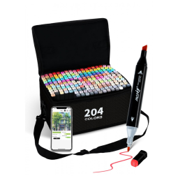 Conjunto de Canetas Artisticas 204 Cores à Base de Álcool para Artistas com Aplicativo Gratuito, Brled